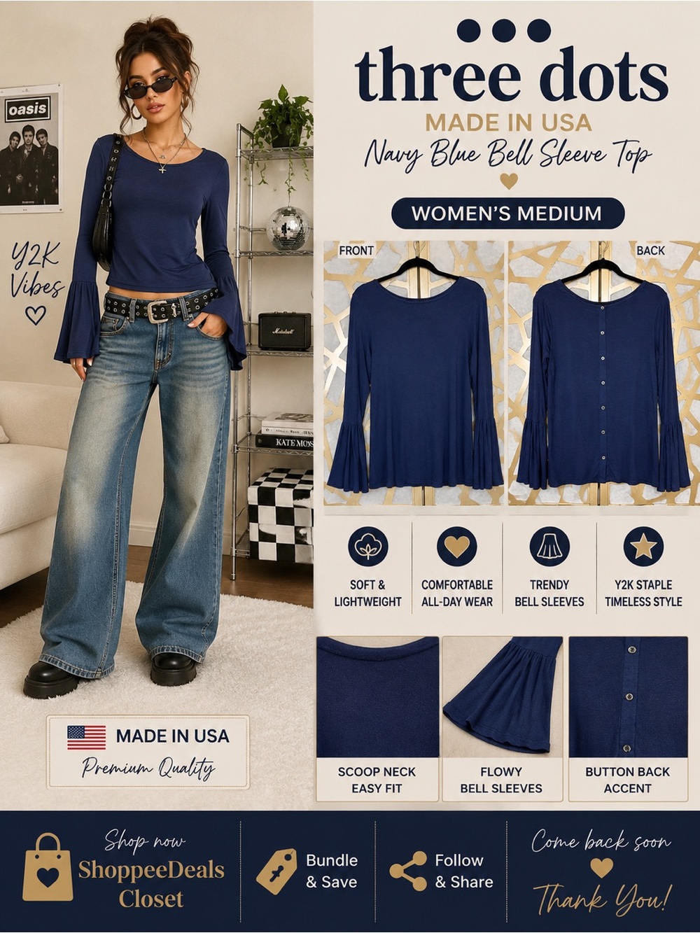 Three Dots Made in USA Navy Blue Bell Sleeve Top – Women’s Medium